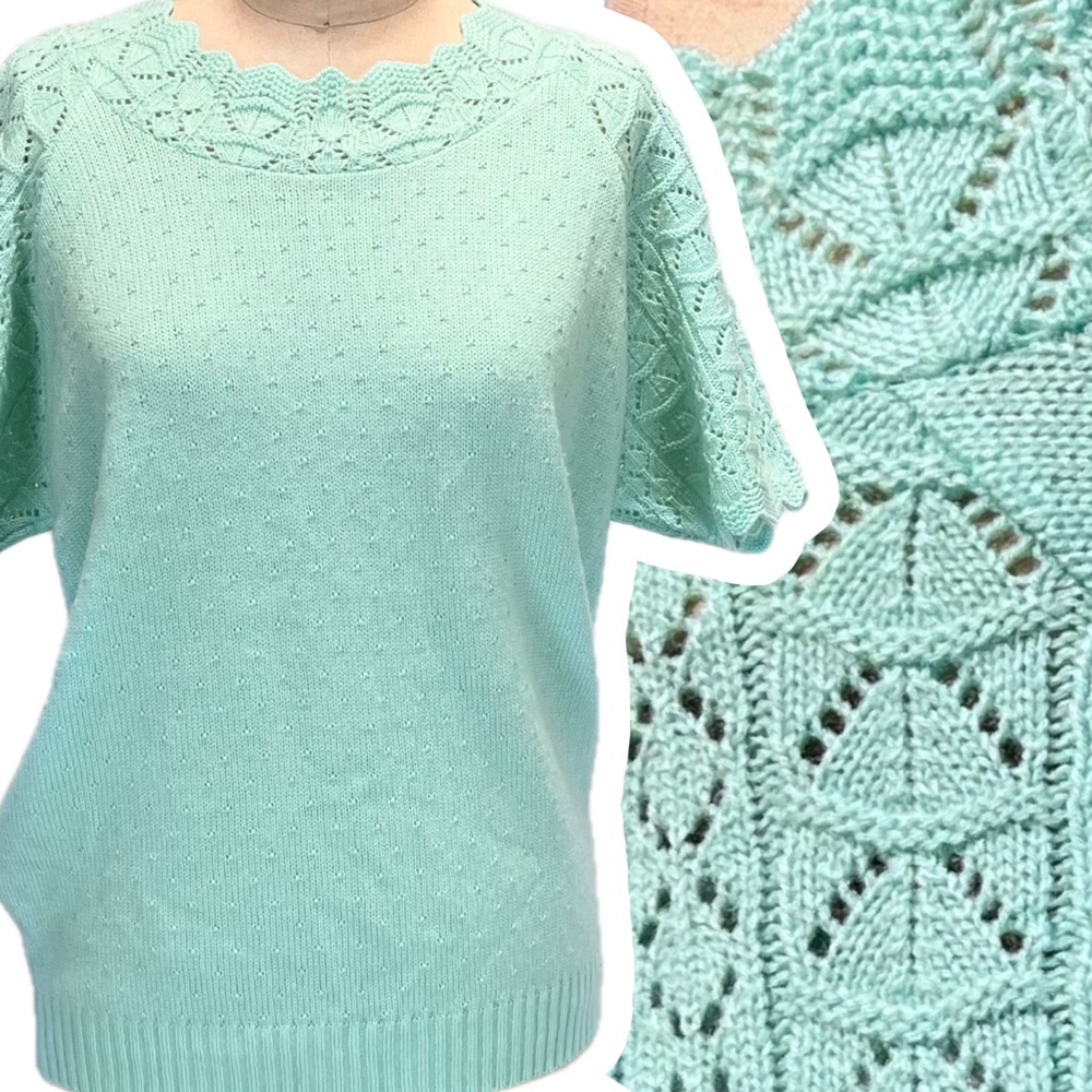 VINTAGE seafoam pastel delicate knit sweater short sleeve floral eyelet lace 90s